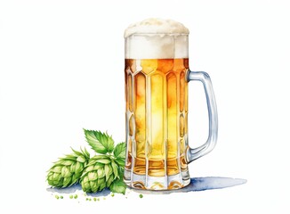 Drawing of a full beer glass and hop cones on a white background