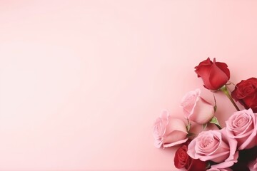 A creative and romantic floral border of red and pink roses on a delicate pastel pink backdrop, perfect for festive designs or messages. Red and Pink Roses Border on Pastel Background