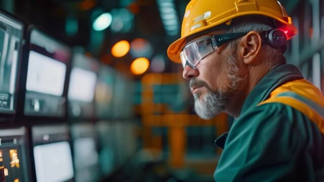 An engineer monitor complex AI dashboards that display real-time data and predictive analysis from data on computer monitors at industrial plants
