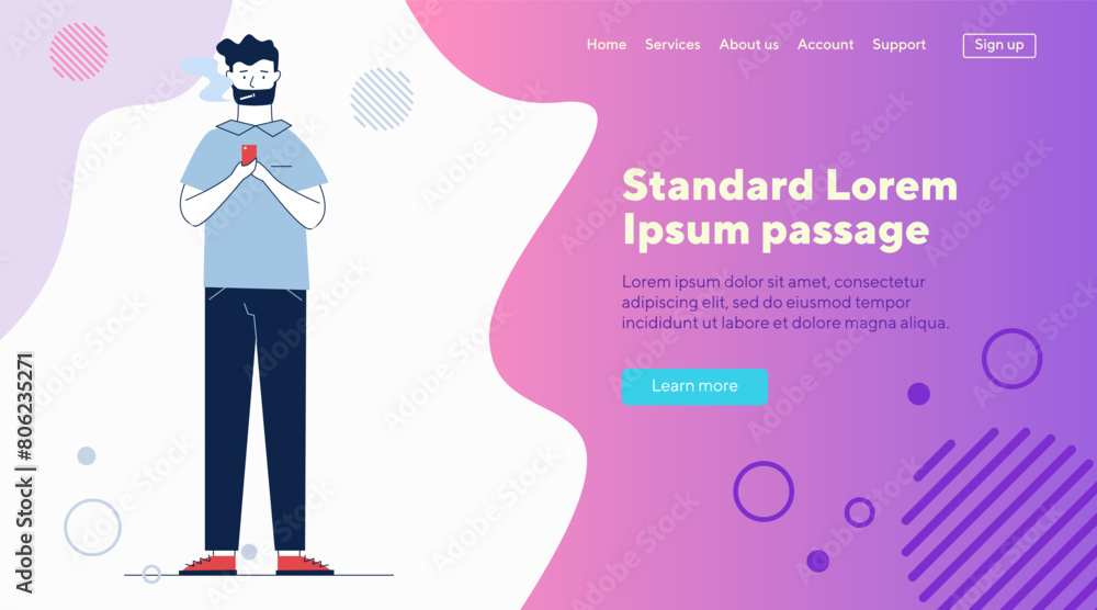 Poster smoking guy using smartphone. man with cigarette texting message flat vector illustration. smoking, 