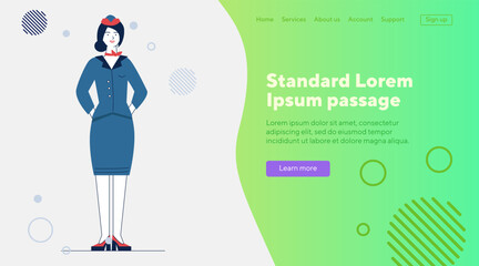 Stewardess in uniform. Female airlines employee flat vector illustration. Job, occupation, travel concept for banner, website design or landing web page
