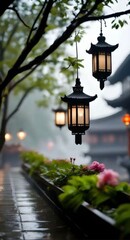 A soothing beautiful travel place .Lamps lights glow naturally on streets.