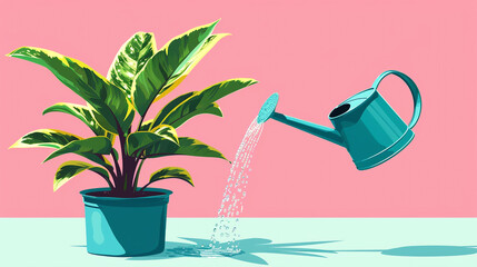 A clip art image of a watering can pouring water onto a potted plant.