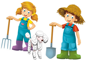 cartoon scene with farmer girl and boy standing with pitchfork and farm animal isolated background illustation for children