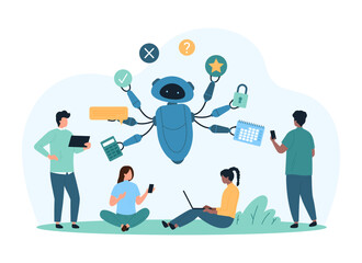 Office productivity of employee with AI services. Tiny people work with productive robot secretary, multitask support online from chat bot with many hands and skills cartoon vector illustration