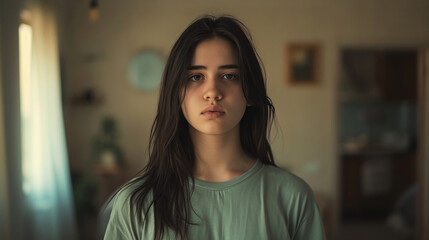 Fototapeta premium Young woman wearing t shirt standing at his room