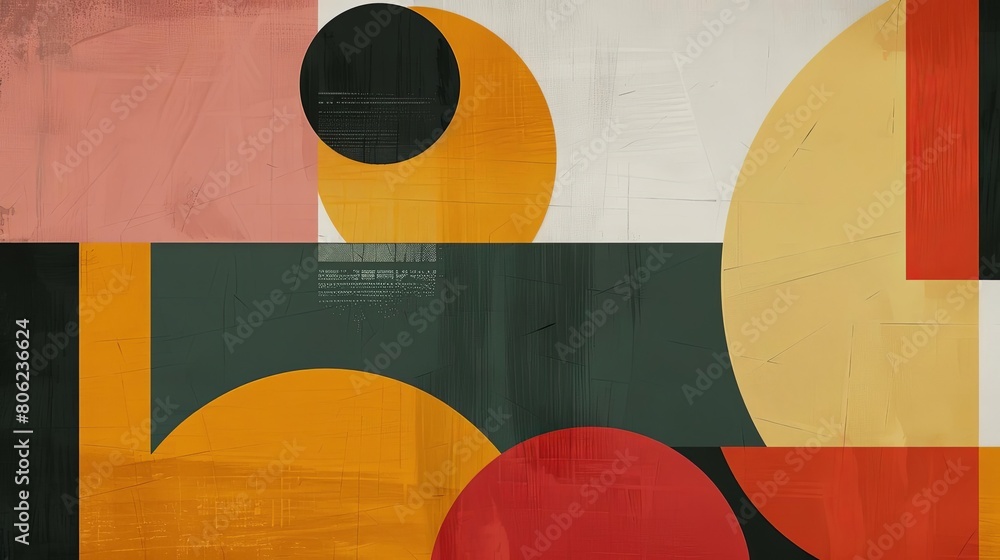 Poster minimalist composition with overlapping geometric forms and a red circle