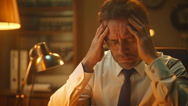 A depressed office man appears on the screen with a laptop in a state of confusion or contemplation while smoke or steam floats above him. mentally ill man stress and anxiety