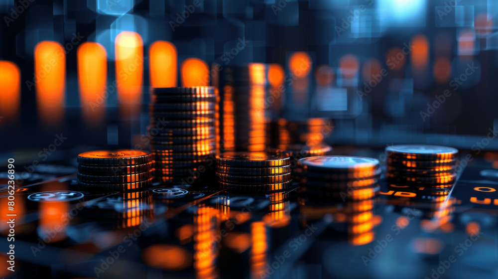 Aufkleber stacked coins in focus with glowing financial chart graphics in the background symbolize investment 