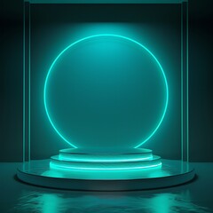Neon turquoise, Minimalist  style background, empty 3D pedestal podium, photorealistic