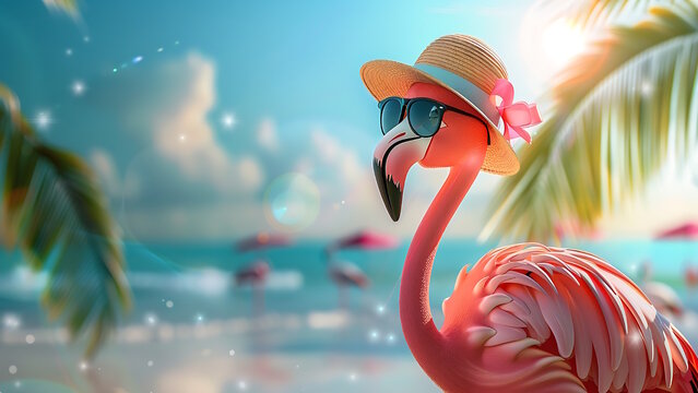 Flamingos standing in clear blue sea with sunny sky with cloud and green coconut tree leaves in foreground.