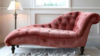 Velvet chaise lounge in muted rose color with vintage floor lamp. Concept Home Décor, Velvet Furniture, Vintage Lighting, Rose Color, Interior Design