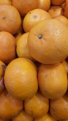 Close up pile of tasty fresh oranges sold at the market as a background.