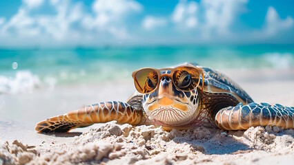 Turtle sunbathing on the beach wearing glasses.