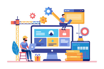 Build website with template customization SEO optimization for search result develop app or wireframe customizable software development concept hands help building website on computer screen modern