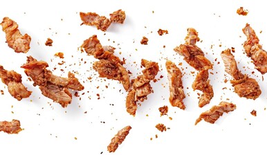 Bits of crispy fried bacon isolated on white background