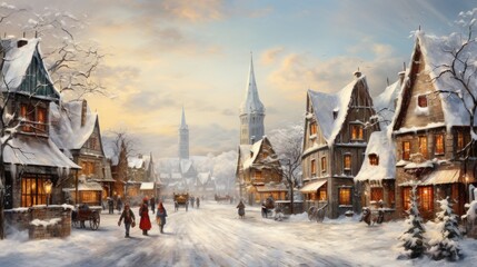 Enchanting Winter Village Scene with Snow-covered Streets and Historic Architecture