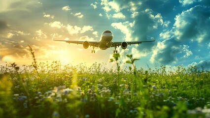 Obraz premium Ecoconscious travel promotes sustainable aviation fuel to reduce carbon footprint and pollution. Concept Eco-conscious Travel, Sustainable Aviation Fuel, Carbon Footprint Reduction