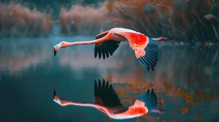 A bright pink flamingo flies gracefully over a still lake, its reflection shimmering in the water below