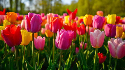 A field of tulips in various shades, creating a mesmerizing carpet of color in April