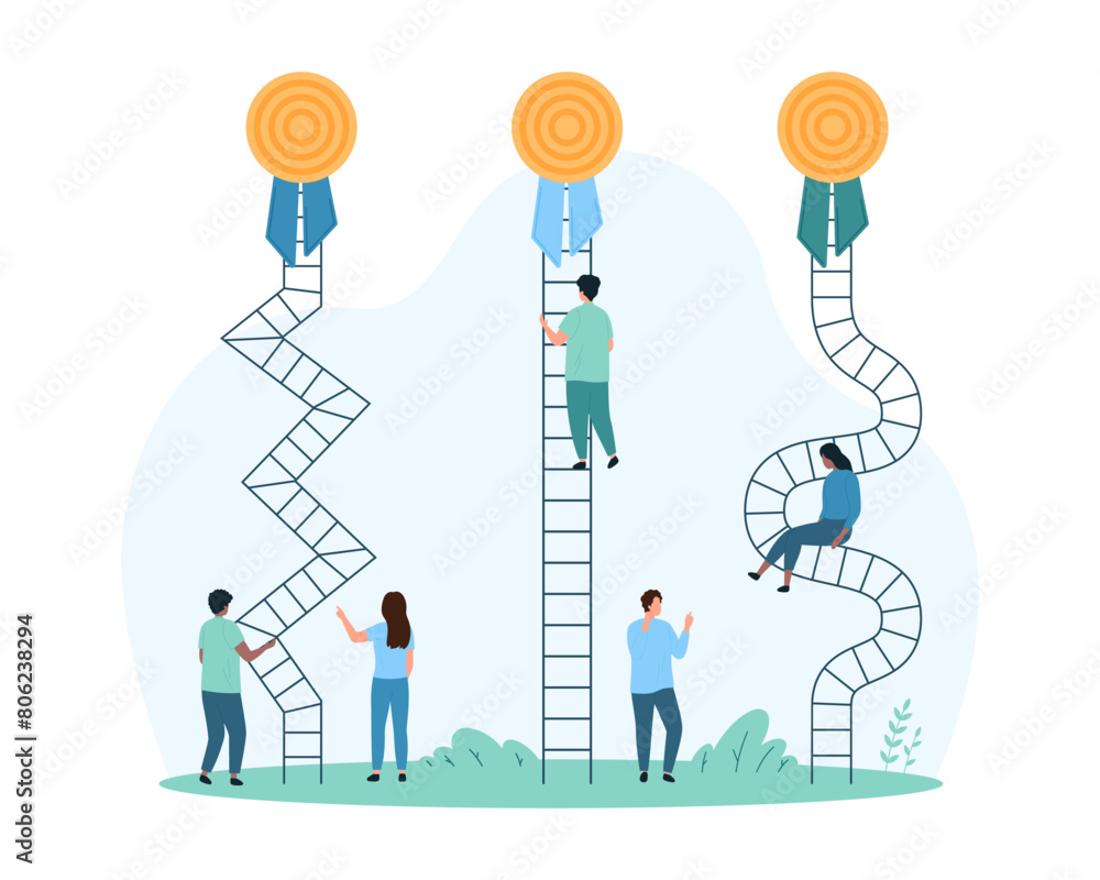 Aufkleber easy and hard problem solving, simplicity in work process. tiny people climb ladder with fast straig