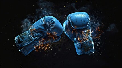 A pair of blue boxing gloves with smoke and sparks. - obrazy, fototapety, plakaty