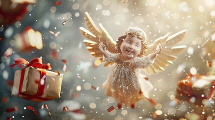 Obraz premium A joyful angelic figure flies amidst falling snowflakes and gift boxes