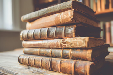 A stack of antique books with weathered leather bindings sits - obrazy, fototapety, plakaty