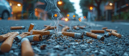 Many cigarette butts on the asphalt outside.