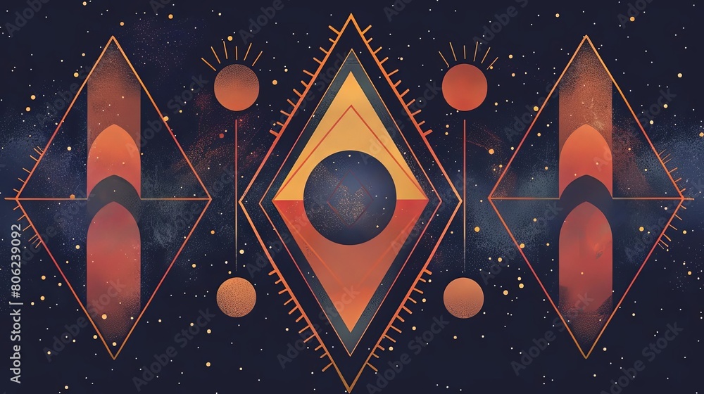 Poster minimalist composition with geometric patterns and cosmic tones featuring an orange circle and a tri