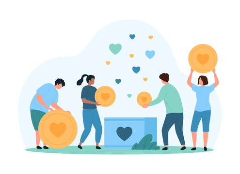 Charity international organization, volunteers fund. Tiny people donate generous gifts and hope with solidarity, sponsors collect coins with hearts to donation box cartoon vector illustration