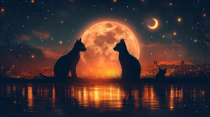 moon, night, sky, cat