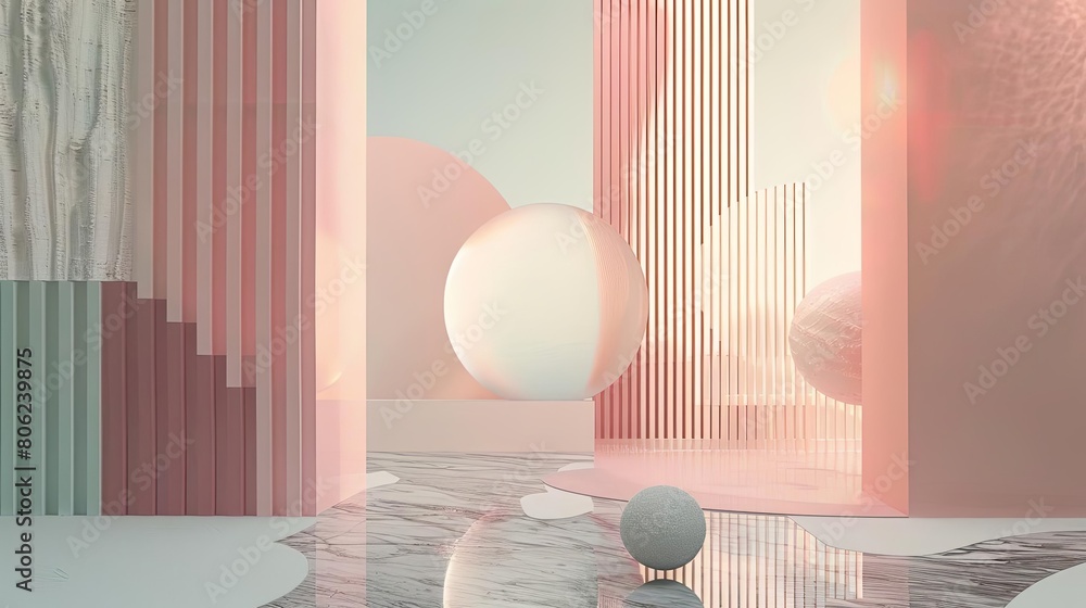 Poster minimalist composition with geometric patterns and ethereal hues featuring a white balloon and a rou