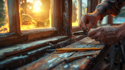 An artisan's hands restoring a wooden window frame, illuminated by warm sunset light.