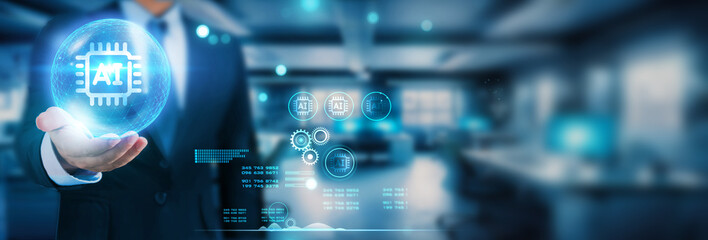 Artificial intelligent hand holding global network connection illustrates the seamless integration of technology and the futuristic landscape of our interconnected world. 