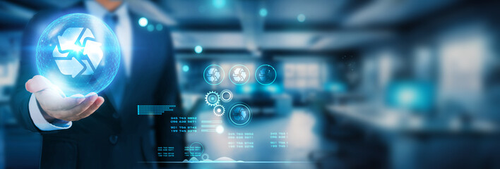 Hand holds global network: journey to sustainability, innovation, progress. Through recycle ethos, tech, futuristic vision weave greener tomorrow. Each connection, node: testament to preserving planet