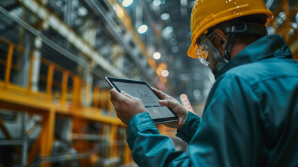 A professional engineer wearing a hard hat and face mask uses a tablet in a busy industrial warehouse.