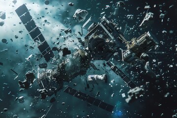 4K highdetail realistic space junk, various satellites and fragments