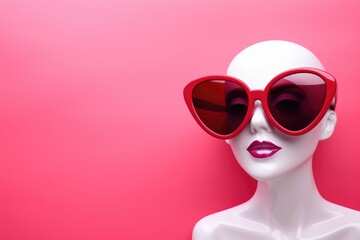 A striking mannequin head wearing oversized red sunglasses on a vibrant pink background. Stylish Mannequin with Oversized Sunglasses