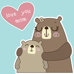 happy mothers day card with cute bears and heart with lettering illustration