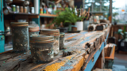 An artist's workshop filled with colorful furniture and various art supplies in a rustic, eclectic setting.