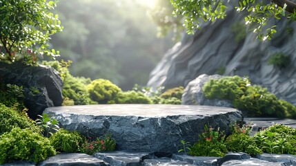 Place the 3D podium outdoors in a natural setting, blending organic elements with its modern design