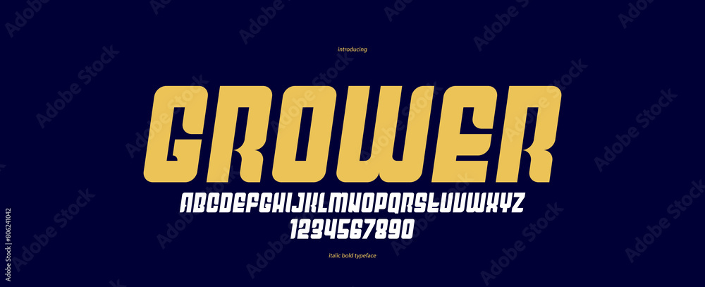 Fototapete Bold simple sans serif display font for logos headers or slogans, vector italic heavy geometric typeface, uppercase letters alphabet with numbers, poster and advertising.