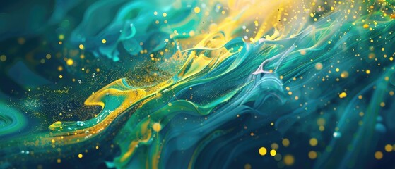 An artsy background featuring a digital abstract design with lime, sapphire, and gold ink, ideal for creative endeavors