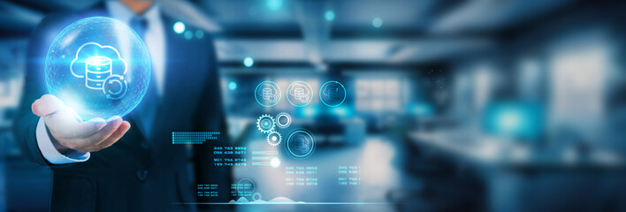 Fototapeta premium Holding a global network connection, our secure and reliable backup infrastructure ensures uninterrupted data flow. This advanced technology empowers businesses and individuals to thrive in the digita