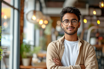 Fototapeta premium young indian man standing in his cafe