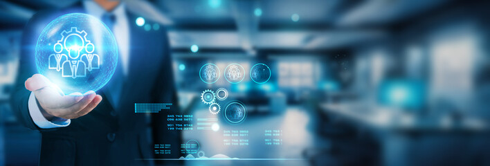 Hand holds global network: seamless integration, streamlined communication, efficient management....