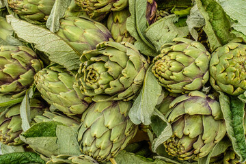 Obraz premium Stack of artishocks at a farmers market