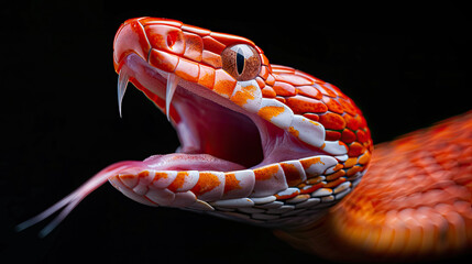 Fototapeta premium Red snake open mouth ready to attack isolated on black background