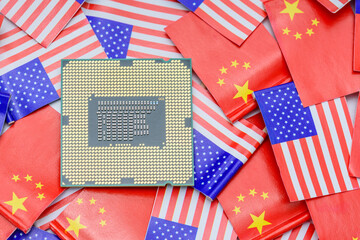 CPU Central Processing Unit or GPU microchip on US and Chinese flags showing semiconductor war between two major countries, with the US banning advanced AI chip exports to China for security reasons.